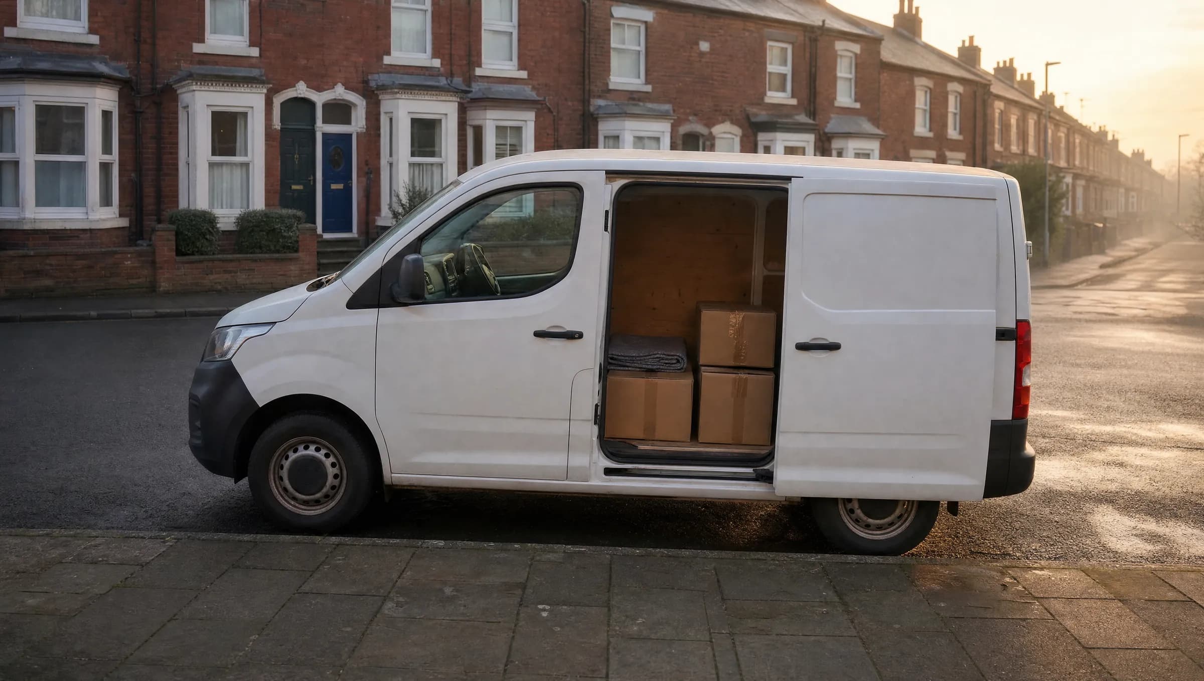 A white van parked on a terraced street at dawn, its side door open with boxes inside